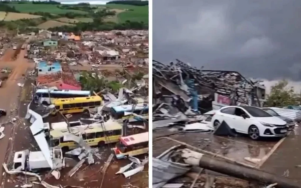 Drone flagra cidade em ruínas após tornado devastador no interior do Paraná