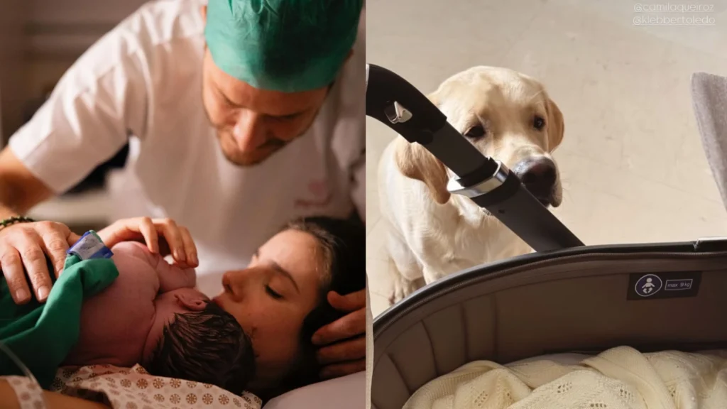Camila Queiroz reposta foto do cachorro da irmã “cuidando” de sua filha
