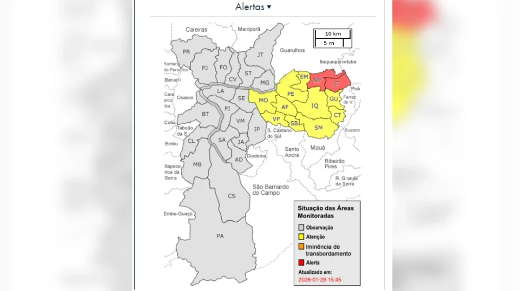 Capital paulista entra em estado de atenção para chuva forte e alagamento