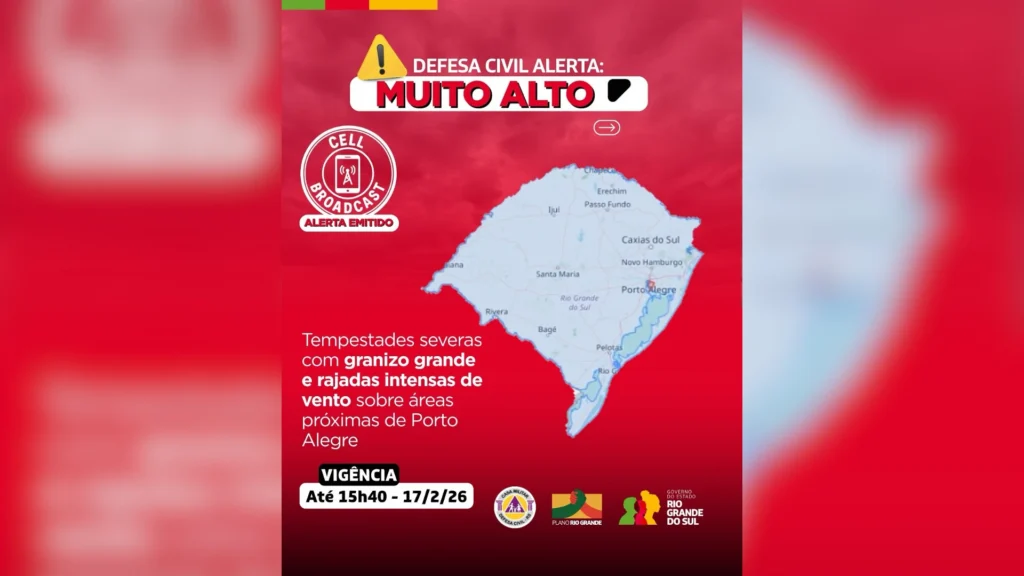 Defesa Civil do RS emite alerta vermelho para tempestades severas