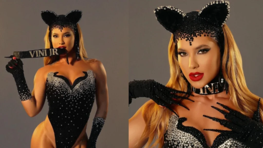 Virginia recria look de Luma de Oliveira e usa coleira com nome de Vini Jr.