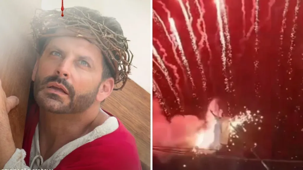 Susto! Figurino de Henri Castelli pega fogo durante “A Paixão de Cristo”