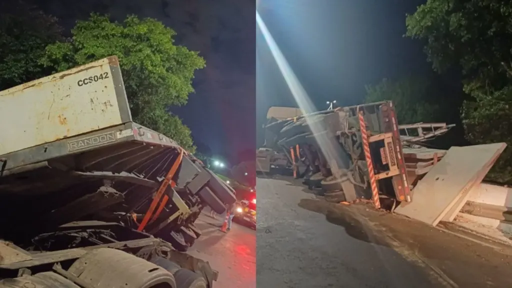 Caminhão tomba em viaduto e carga atinge trilhos da Trensurb em Canoas (RS)